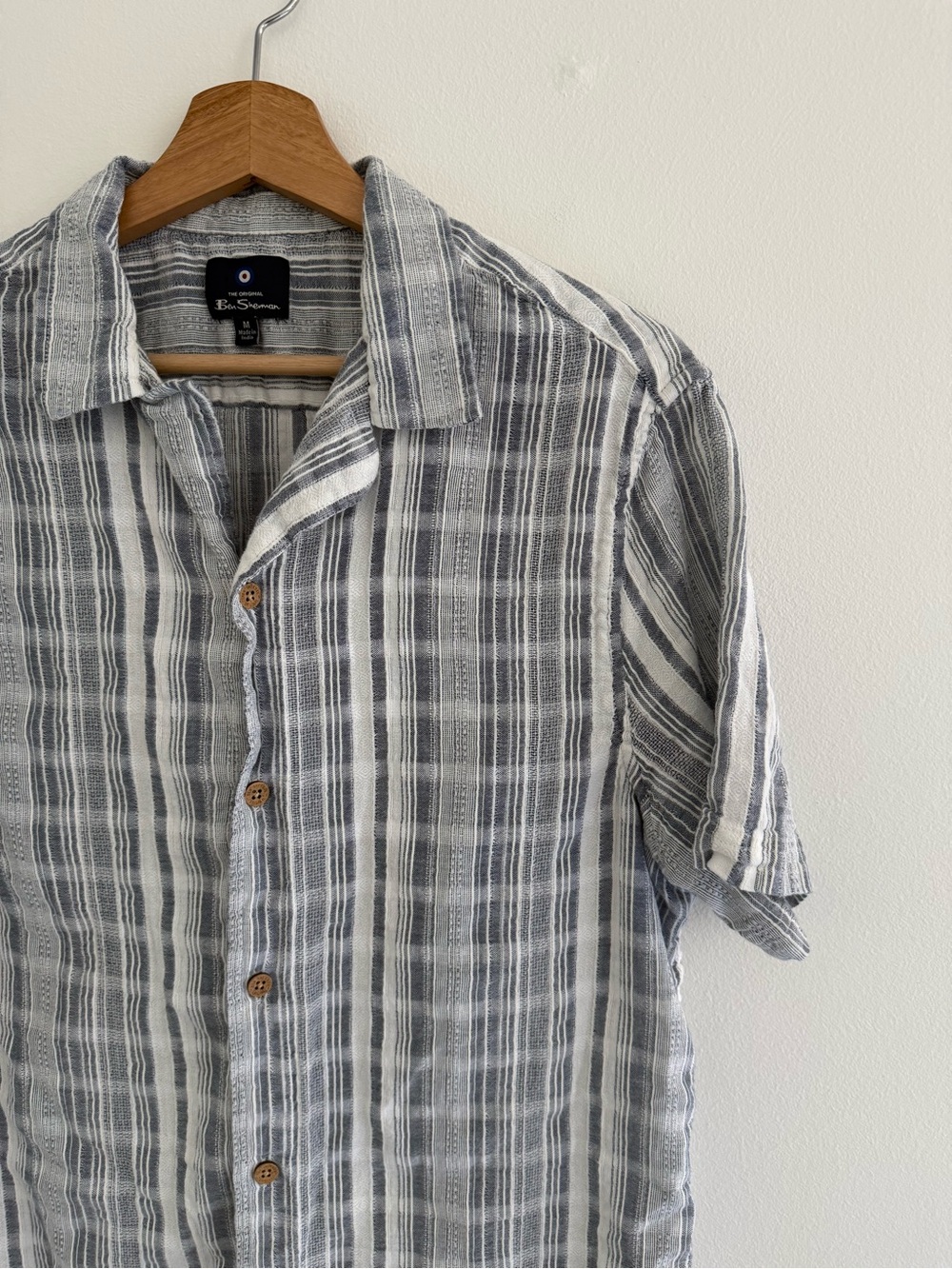 Ben Sherman Blue Gray 100% Cotton Knit Short Sleeve Button Down Medium - Picture 3 of 7